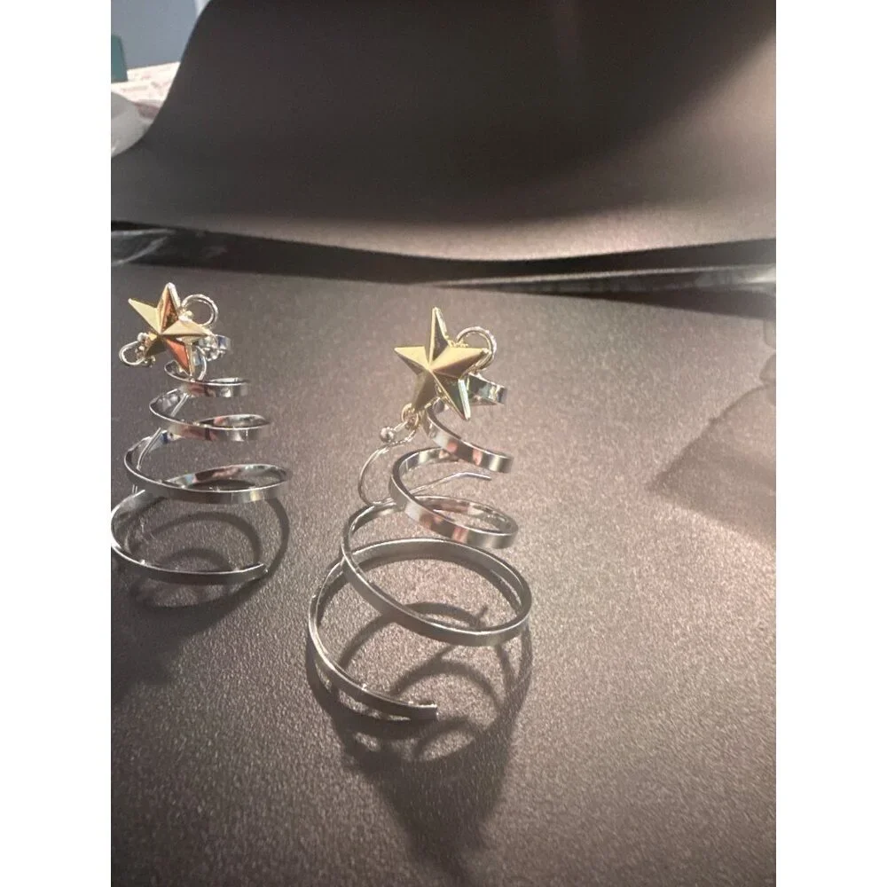 Silver Spiral Christmas Tree Earrings With Gold Star Hook Earrings - Picture 4 of 4